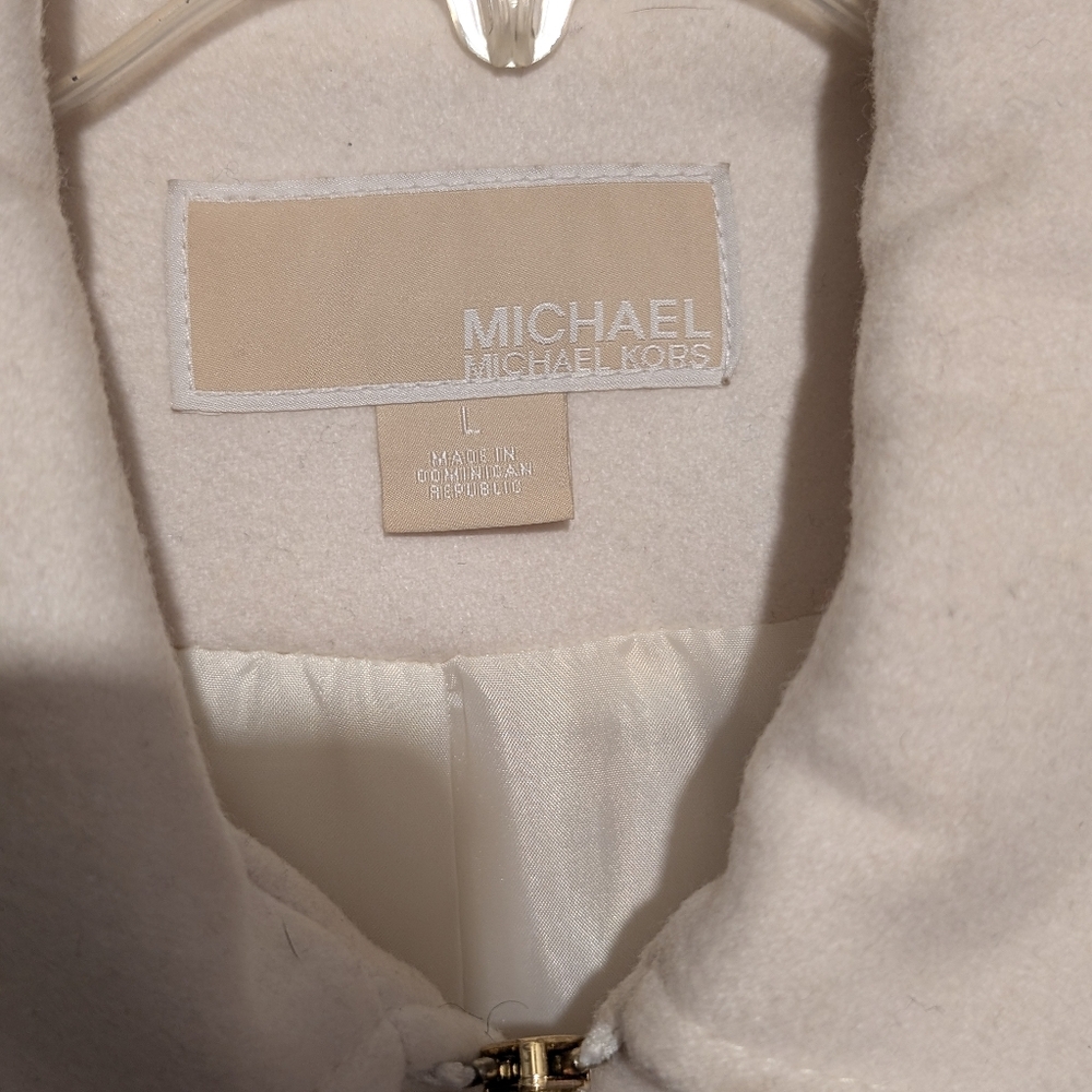 Michael Kors Mixed Wool Trench Coat, Lg, White with Gold MK Accents